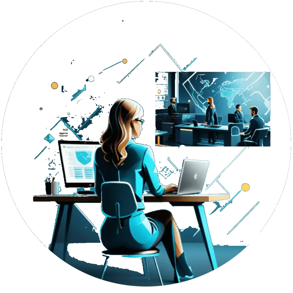 Icon of female help desk operator looking at a large screen